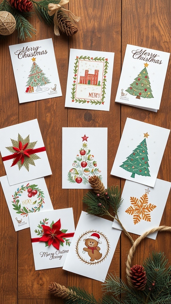 Creative Christmas Card Ideas with Stampin A variety of handmade Christmas cards featuring different designs and colors on a wooden table.